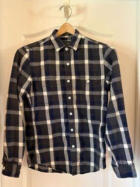 J. Crew Men's Navy, Grey and White Plaid Button-Up Shirt - Size Small Slim Fit